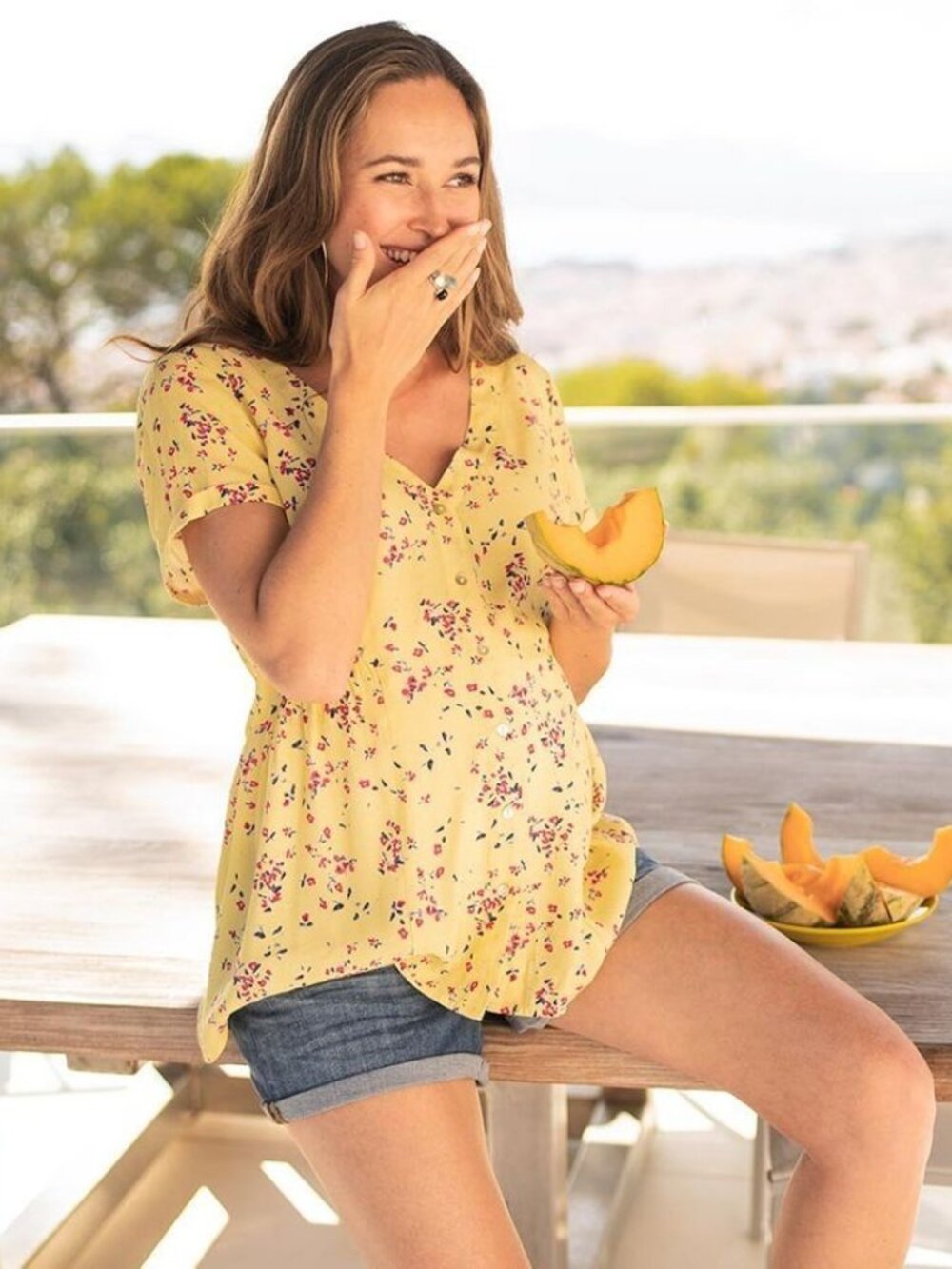 Size 8 Seraphine "Emery" Maternity / Nursing Friendly Top, Yellow Floral Print